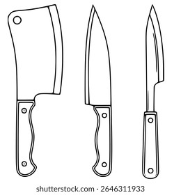 A vector illustration featuring three distinct kitchen knives: a cleaver, a chefs knife, and a paring knife, each depicted in a clean, minimalist line art style.