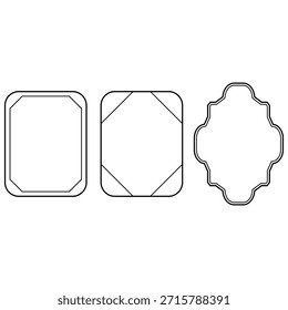 Ilustração vetorial com três quadros distintos de contorno preto: um retângulo arredondado, um quadrado com linhas de canto e um rótulo curvilíneo ornamentado.