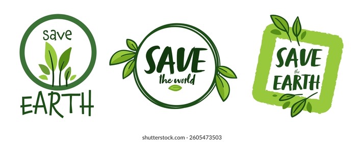 A vector illustration featuring three eco-friendly logo designs with green leaves and handwritten text, symbolizing environmental awareness and sustainability.
