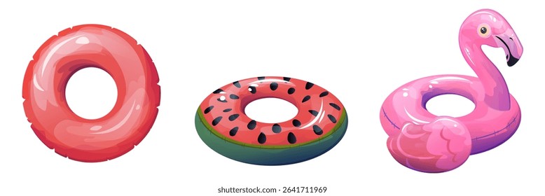A vector illustration featuring three inflatable swim rings in different shapes and colors: a flamingo, a watermelon, and a plain pink ring. Suitable for use in social media posts, advertisements
