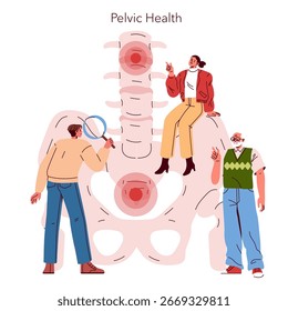 Vektorgrafik mit drei Personen, die über die Gesundheit des Beckens diskutieren. Eine Person untersucht ein Diagramm mit einer Lupe, die Interesse und Fokus auf Anatomie zeigt.