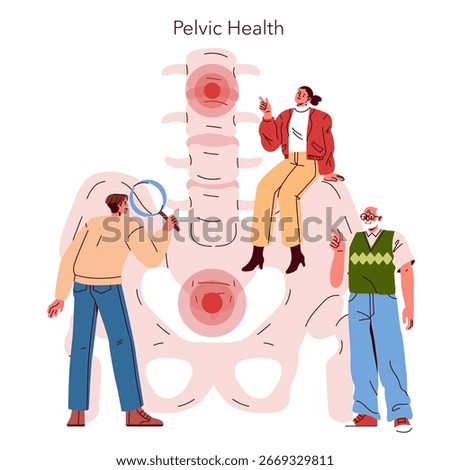 Vector illustration featuring three people discussing pelvic health. One person examines a diagram with a magnifying glass, depicting interest and focus on anatomy.