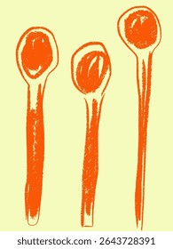 Vector illustration featuring three textured, hand-drawn style spoons in orange hues on a pale yellow background, evoking artisanal kitchenware and culinary creativity. simple pleasures and handmade