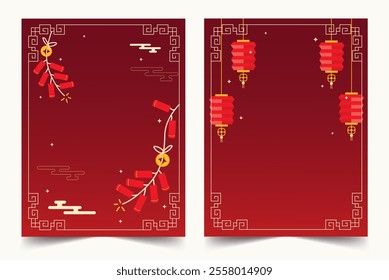 A Vector illustration featuring traditional red lanterns and firecracker decorations, perfect for celebrating the Lunar New Year and showcasing cultural heritage.
