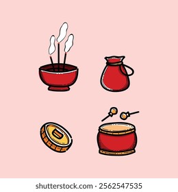 Vector illustration featuring traditional ritual items, including incense sticks, a drum, a gong, and a jar, all in a red and gold color scheme, set against a pastel pink backdrop.