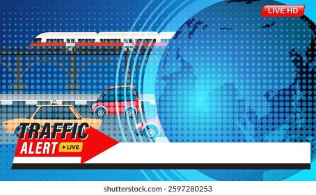 Vector illustration featuring traffic elements with a global theme. Bold colors and modern design highlight transportation and communication