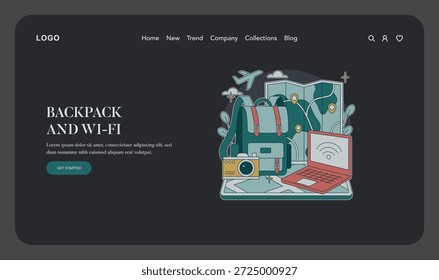 Ilustración vectorial con artículos esenciales de viaje como una mochila, computadora portátil, cámara y símbolo de Wi-Fi. Los Elementos simbolizan la conectividad de viajes moderna y la planificación de aventuras.