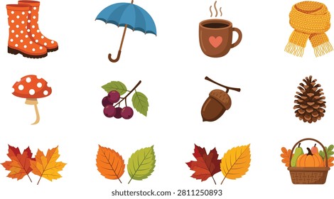 A vector illustration featuring twelve autumn‑themed objects including rain boots, umbrella, mug, scarf, mushroom, berries, acorn, pine cone, colorful leaves, and a basket of pumpkins. Perfect for seasonal designs, educational materials, fall decorations, stickers, and cozy lifestyle projects.