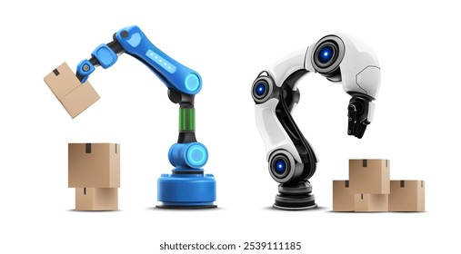 Vector illustration featuring two advanced robotic arms, one blue and one white, handling cardboard boxes. Perfect for themes of automation, industrial robotics, logistics, and modern manufacturing