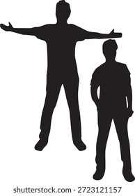 Ilustración vectorial con dos siluetas masculinas negras en diferentes poses, una con los brazos extendidos y la otra de pie, perfecto para el diseño general, iconos o representación humana.