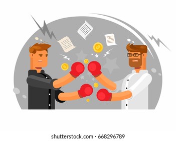 Vector illustration featuring two businessmen having a fight, Business fight club. Boxing and glove, businesspeople and violence, boxer strength.