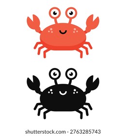 A vector illustration featuring two cartoon-style crabs, one in red and the other in black. Both crabs have large eyes on stalks, smiling faces, and raised claws, symbolizing marine life and playful ocean themes. Perfect for use in coastal artwork, educational graphics, tropical branding, or stock design projects related to sea creatures and summer fun.