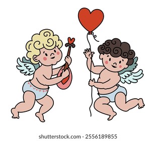 A vector illustration featuring two cherubic cupids, one holding a heart-shaped balloon and the other playing a lute, isolated on a white background. Perfect for Valentines themes.