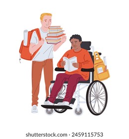 Vector illustration featuring two college students, one in a wheelchair and another standing, as they navigate campus life together.