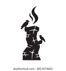 A vector illustration featuring two crows resting on a weathered brick chimney emitting a plume of smoke