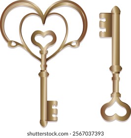 A vector illustration featuring two elegant bronze keys with heart-shaped tops and decorative details. For romantic designs, wedding themes, logos, branding, and Valentine’s Day projects