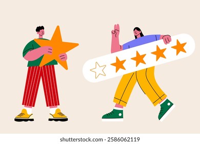 Vector illustration featuring two happy characters holding star ratings. Ideal for customer reviews, user feedback, testimonials, online ratings, websites, apps, and marketing materials.