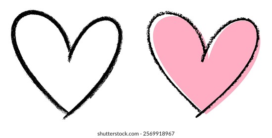 Vector illustration featuring two hearts: one in black outline and one filled with soft pink, symbolizing contrast and harmony.