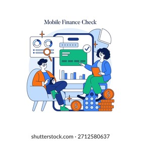 Vector illustration featuring two individuals analyzing a mobile finance app interface. Engaged discussion, charts, and coins depict the concept of financial management.