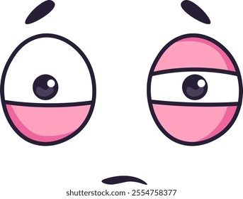 Vector illustration featuring two large cartoon eyes with pink cheeks, one displaying a normal expression and the other showing signs of tiredness and sadness