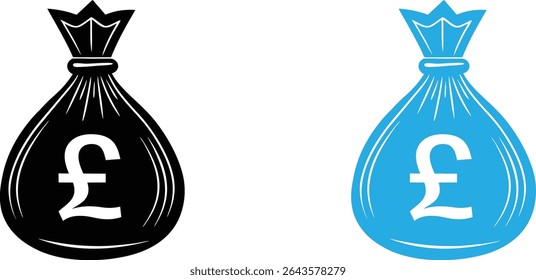 A vector illustration featuring two money bags, one black and one light blue, both prominently displaying the British Pound (£) symbol. Ideal for financial, banking, or business-related projects.