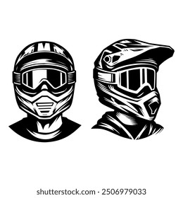 A vector illustration featuring two motocross helmets, isolated on a white background. The design emphasizes bold lines and detailed shading, perfect for offroad and Supermoto themes.