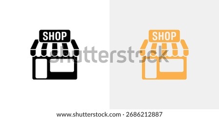 Vector illustration featuring two shop icons. The first is a black storefront icon. The second is a yellow store symbol on a light gray background.