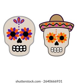 A vector illustration featuring two stylized sugar skulls, one adorned with a sombrero, showcasing vibrant orange, purple, and yellow floral designs against a neutral background, perfect for Day of...