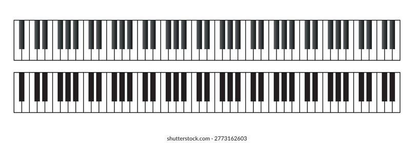 Vector illustration featuring two types of piano keyboards. The top version has a 3D-effect gradient, while the bottom one is in a clean flat style. Includes a full range of keys, perfect for music apps, educational materials, banners, and website design.
