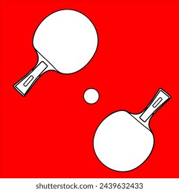 A vector illustration featuring two white silhouette table tennis racket outlines with black contours, accompanied by ping-pong balls, all set against a vibrant red background