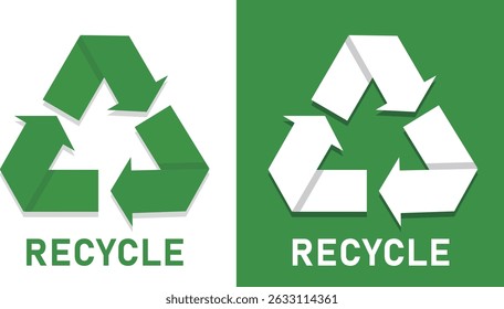 Uma ilustração vetorial apresentando o símbolo de reciclagem universal com a palavra "RECICLAR" abaixo, mostrada nas versões de fundo claro e escuro. Adequado para campanhas ecológicas, gráficos de sustentabilidade