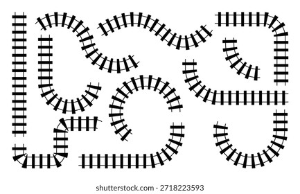 Vektorgrafik mit einer Vielzahl von schwarz-weißen Cartoon-Bahnsegmenten. Mit geraden Linien und verschiedenen gebogenen Stücken perfekt für die Schaffung von Eisenbahn-Layouts. Ideal für Kinderthemen, Spieledesign und pädagogische Inhalte.