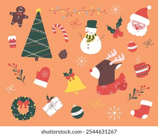 Uma ilustração Vetor com uma variedade de símbolos festivos de Natal, como um boneco de neve, rena e Papai Noel, situado em um layout de férias alegre