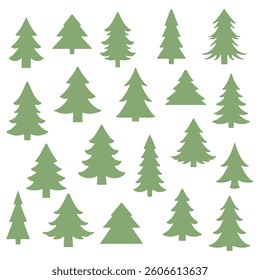Vector illustration featuring a variety of green pine tree silhouettes. Perfect for design projects, patterns, and holiday-themed decorations. Includes various shapes and sizes.