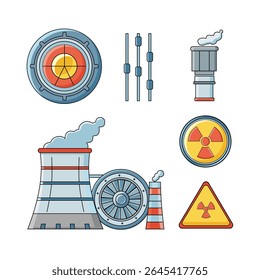 A vector illustration featuring various elements related to a nuclear power plant, including a cooling tower, turbine, smokestack, and distinct nuclear warning symbols.