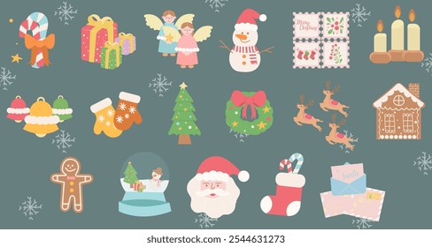 A Vector illustration featuring various festive Christmas elements and decorations including Santa, angels, and snowmen, capturing the holiday spirit with vibrant colors and playful designs.