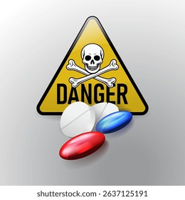 Vector illustration featuring various pills and capsules around a danger or toxic warning symbol. Concept of overdose, drug abuse, or pharmaceutical risk.