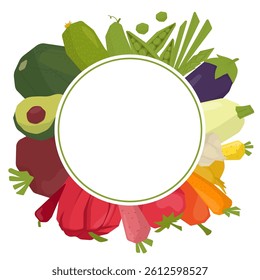 Vector illustration featuring a vibrant array of fresh vegetables including an avocado, zucchini, and eggplant arranged around a central text.