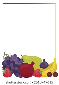 Vector illustration featuring a vibrant border of various fruits, including grapes, bananas, strawberries, and cherries. The design offers ample white space for text or art addition.