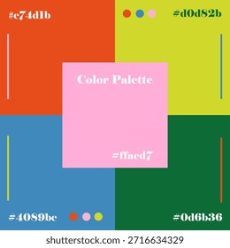 Vector illustration featuring a vibrant color palette with hex codes for each hue. The design showcases four bold colors surrounding a central pink square, perfect for design inspiration.