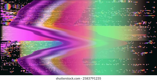 Vector illustration featuring a vibrant glitchy, abstract digital distortion with waves of pink, purple and green. Pixelated elements and a futuristic aesthetic create a striking visual effect.