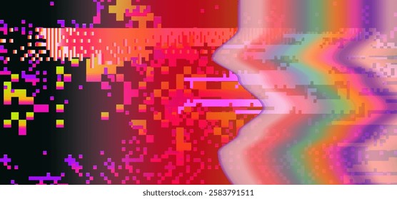 Vector illustration featuring a vibrant glitchy, abstract digital distortion with waves of neon purple and green. Pixelated elements and a futuristic aesthetic create a striking visual effect.