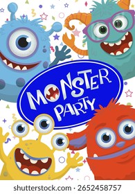 Vector illustration featuring a vibrant monster party theme. Joyful, colorful monsters with wide smiles and expressive eyes create a fun and inviting atmosphere for celebration.
