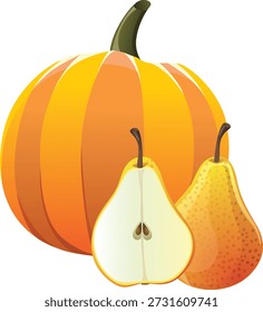 A vector illustration featuring a vibrant orange pumpkin accompanied by two yellow-orange pears, one whole and one halved showing seeds, representing autumn harvest and Thanksgiving themes.