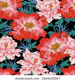 Vektorgrafik mit leuchtend rosa und roten Pfingstrosen. Dieses stylische und farbenfrohe Muster eignet sich perfekt für Textilien, Tapeten, Verpackungen und dekorative Projekte