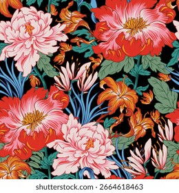 Ilustração vetorial com peônias rosa e vermelha vibrantes. Este padrão elegante e colorido é perfeito para têxteis, papéis de parede, embalagens e projetos decorativos