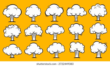 Ilustración vectorial con un patrón vibrante y repetitivo de nubes de explosión de estilo de cómic o bocanadas de humo en blanco con contornos negros gruesos, sobre un llamativo fondo naranja-amarillo. Ideal para el diseño retro de arte pop, gráficos de acción, embalaje y texturas de fondo dinámicas.