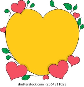 Vector illustration featuring a vibrant yellow heart shape bordered by smaller red hearts and green leaves creating a charming and playful design