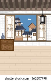 Vector illustration featuring the view from the window of the Korean traditional house called Han-ok. 
Korean traditional village "Han-ok" on the background. 