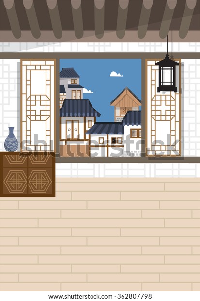 韓国の伝統的な家の窓から見た景色を描いたベクターイラスト。 背景に